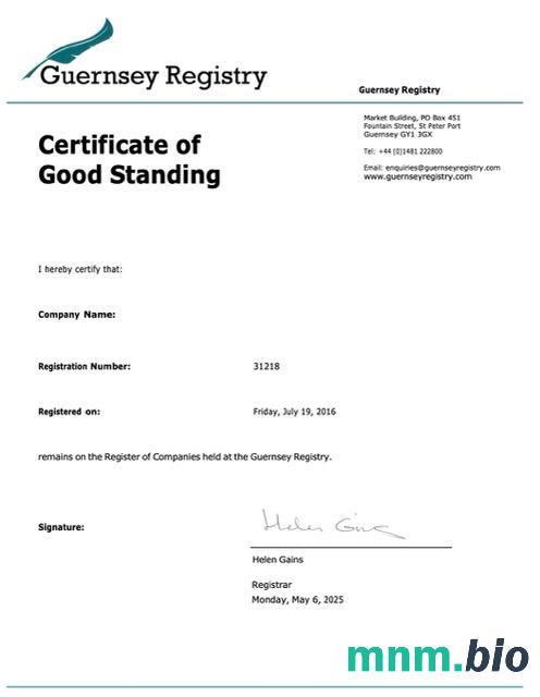 Guernsey vcertyfikat of good standing Word i szablon PDF